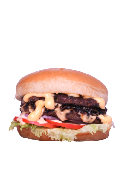 Hulk double-patty burger with cheese sauce, onion relish, tomato and lettuce