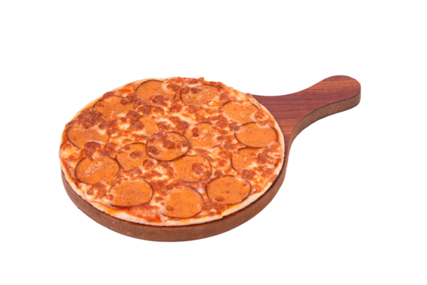 Pepperoni Punch pizza on a wooden paddle