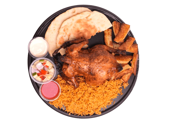 Golden Guardian roast chicken platter with spiced rice, naan and dips